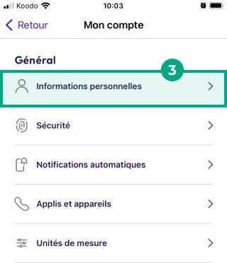 Bouton Informations personnelles mis en évidence dans le menu Mon compte