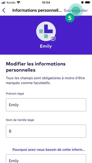 Surbrillance du bouton Enregistrer dans l'écran Modifier les informations personnelles