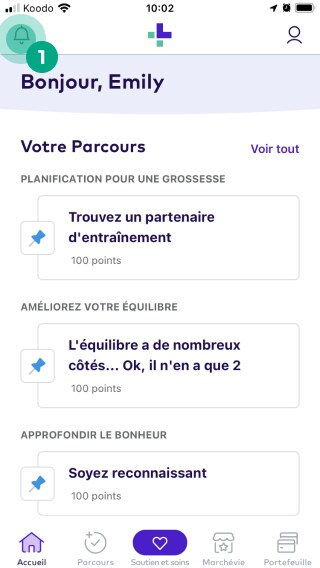 Icône de notifications (cloche) mise en surbrillance sur l'écran d'accueil de l'application League