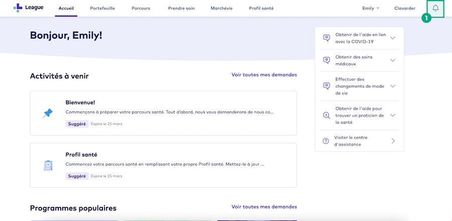Icône de notifications (cloche) mise en évidence sur l'écran d'accueil du site Web de League