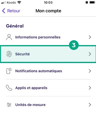 Bouton de sécurité mis en évidence dans le menu mon compte