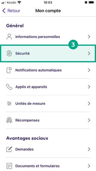 Bouton de sécurité mis en évidence dans le menu mon compte