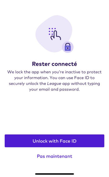 Écran offrant la possibilité de déverrouiller l'application avec Face ID
