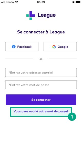 Le bouton Mot de passe oublié est mis en surbrillance sur l'écran de connexion de l'application League