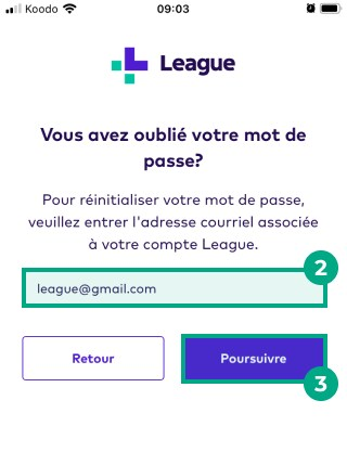 champ e-mail et bouton continuer mis en surbrillance dans l'écran de mot de passe oublié