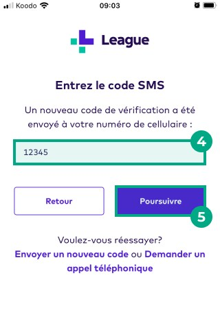 Code SMS et bouton Continuer mis en surbrillance dans l'écran de saisie du code SMS