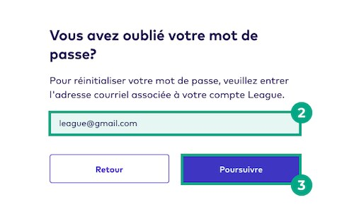 champ e-mail et bouton continuer mis en surbrillance dans l'écran de mot de passe oublié