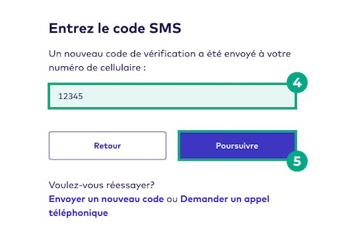 le champ du code SMS et le bouton Continuer sont mis en surbrillance dans l'écran de saisie du code SMS