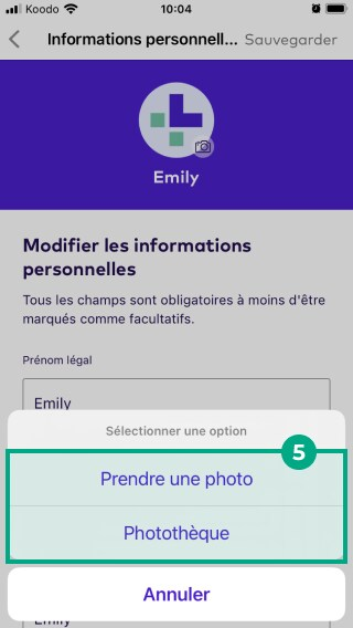 prendre des photos et des options de bibliothèque de photos mises en évidence dans un menu d'options de pomme