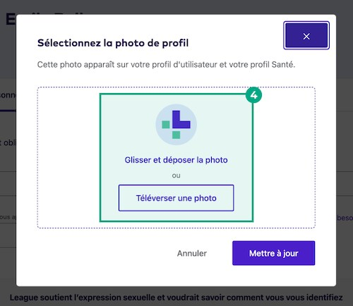 Faites glisser et déposez une photo et téléchargez les champs de photo mis en surbrillance dans le modal de sélection d'image de profil