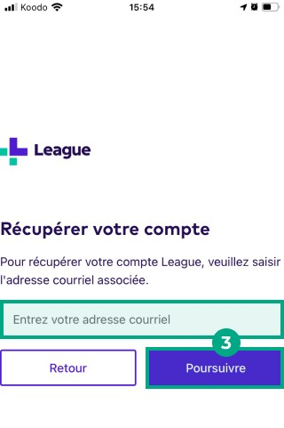 champ d'adresse e-mail et bouton Continuer mis en surbrillance dans l'écran de l'application de demande et d'invitation par e-mail