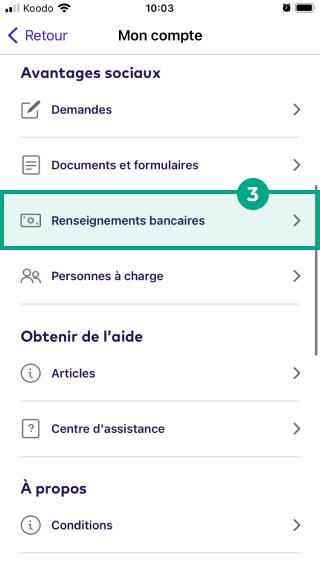 bouton infos bancaires en surbrillance dans le menu mon compte