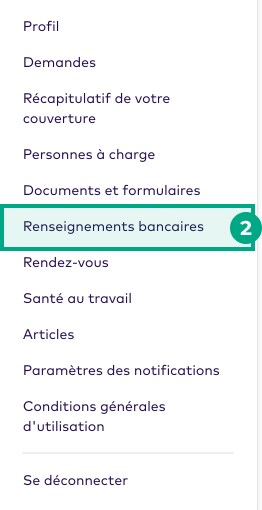 Menu déroulant sur le site Web de la Ligue avec le bouton Infos bancaires en surbrillance