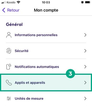 Bouton Applications et appareils en surbrillance dans le menu Mon compte