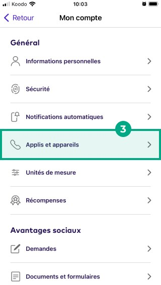 Bouton Applications et appareils en surbrillance dans le menu Mon compte