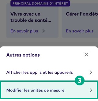 Modifier les unités de mesure en surbrillance dans le menu Plus d'options