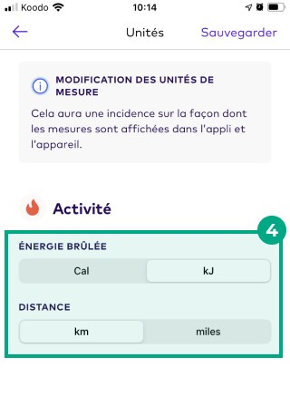 Unités de mesure de la distance et de l'énergie brûlée mises en évidence dans l'écran des unités