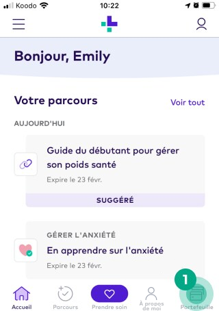 Écran d'accueil de l'application mobile League avec le bouton Portefeuille en surbrillance