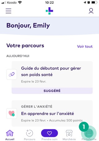 Écran d'accueil de l'application mobile League avec le bouton Portefeuille en surbrillance