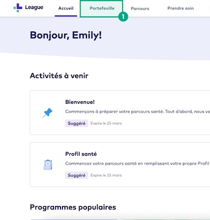 Bouton de portefeuille mis en évidence sur l'écran d'accueil du site Web de League