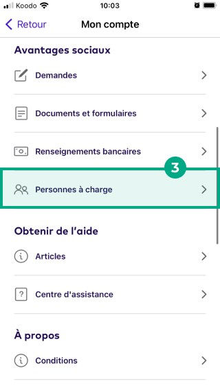 Bouton Personnes à charge en surbrillance dans le menu Mon compte