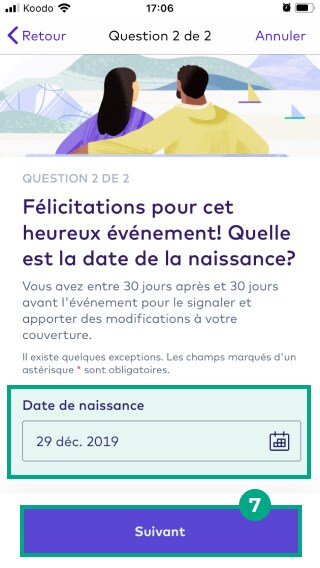 Champ Date de naissance de l'enfant et bouton Suivant mis en surbrillance dans l'écran Événement de vie admissible