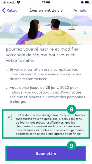 Soumettre l'avertissement d'événement de vie admissible et le bouton Soumettre mis en surbrillance dans l'écran de l'événement de vie admissible