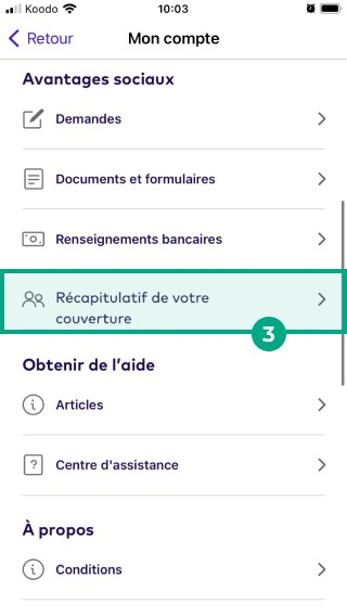 Bouton Résumé de la couverture en surbrillance dans le menu Mon compte