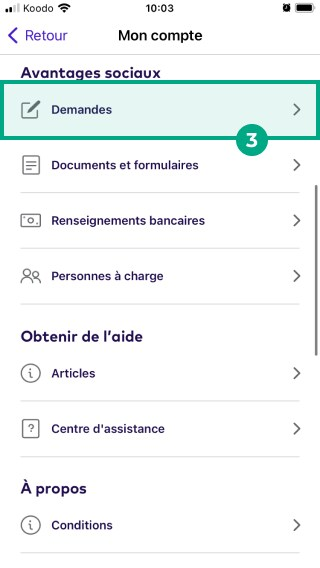 Bouton Réclamations en surbrillance dans le menu Mon compte