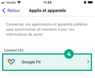 L'écran des applications et des appareils sur l'application mobile League, avec Google Fit sélectionné sous l'en-tête Connecté.