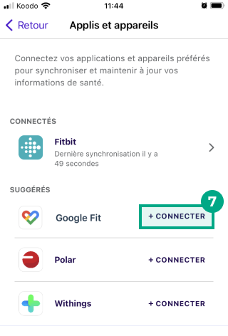 L'écran Applications et appareils de l'application mobile League, avec Google Fit sélectionné sous l'en-tête Suggéré.