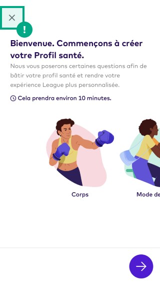 Écran d'introduction du profil de santé sur l'application mobile League avec le bouton Quitter en surbrillance