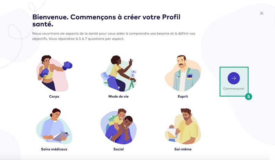 Écran d'introduction du profil de santé sur l'application mobile League avec le bouton Commençons en surbrillance