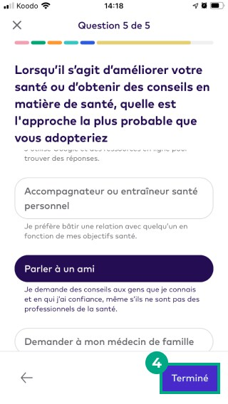 Écran Modifier le profil de santé dans l'application mobile League avec le bouton Terminer en surbrillance