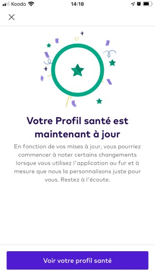 Écran de confirmation Modifier le profil de santé sur l'application mobile League