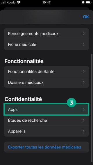 apps button highlighted under the privacy header in apple health's app