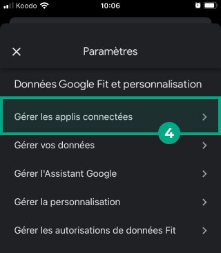 paramètre de l'application google fit avec gérer les applications connectées en surbrillance