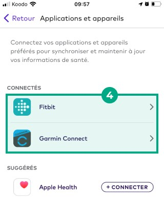 fitbit et garmin connect mis en surbrillance sous connecté dans l'écran des applications et des appareils de l'application League