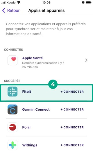 fitbit mis en surbrillance sous l'en-tête suggéré dans l'onglet des applications et des appareils de League