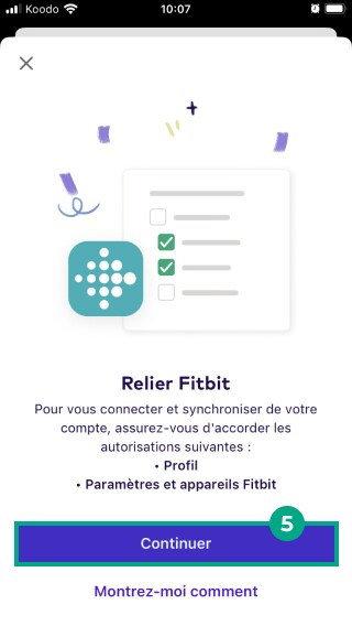 bouton continuer mis en surbrillance sur l'écran de connexion fitbit