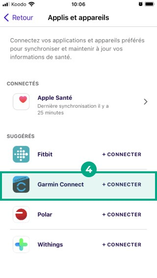 Garmin connect est mis en surbrillance sous l'en-tête suggéré dans l'onglet des applications et des appareils de l'application League