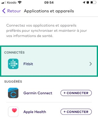 fitbit connect mis en surbrillance sous connecté dans l'écran des applications et des appareils de l'application League