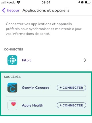 garmin connect et apple health mis en évidence sous l'en-tête connecté dans l'onglet des applications et des appareils de League