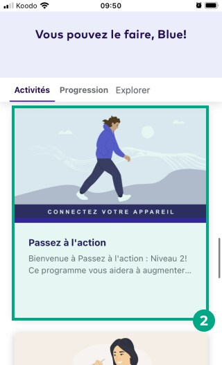 étape du programme connecté en surbrillance dans l'onglet des activités