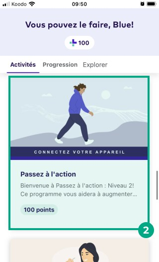 étape du programme connecté en surbrillance dans l'onglet des activités