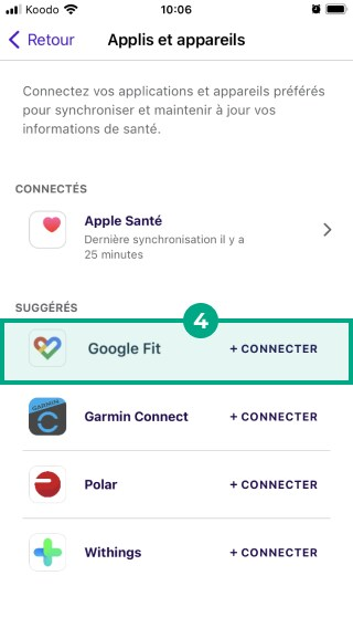 bouton google fit mis en surbrillance sous l'en-tête suggéré dans l'écran des applications et des appareils de l'application League