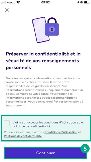 Écran de partage de données sensibles avec la case à cocher Lire et accepter la politique de confidentialité et le bouton Continuer en surbrillance