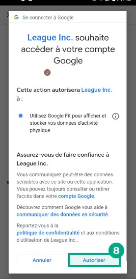 écran de connexion Google confirmant que vous souhaitez partager les données Google Fit avec l'application League