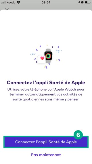 Connecter le bouton Apple Health mis en surbrillance dans l'écran Connecter Apple Health