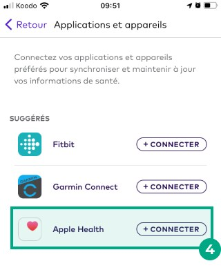 bouton de santé Apple sous l'en-tête suggéré mis en évidence dans l'écran des applications et des appareils de l'application League